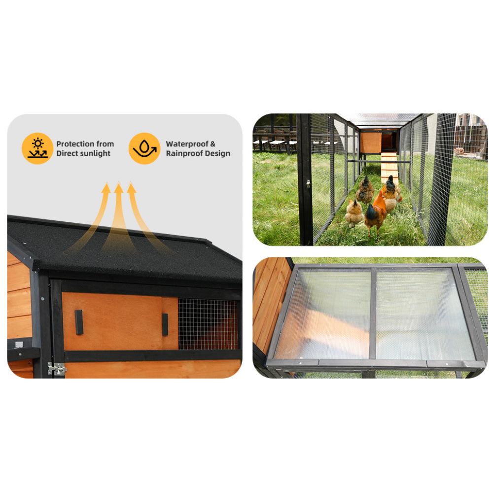 large main house,brown+black Wooden Chicken Coop, Large Outdoor Hen House with Run and Nesting Box Poultry Cage, Rabbit Hutch, Waterproof Anti-UV Panel for Backyard