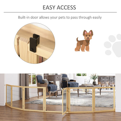 PawHut Wooden Dog Gate, 170" Freestanding Pet Gate, 6-Panel Foldable Dog Safety Barrier with 2 Support Feet for House Doorway Stairs, Small and Medium Dogs, Natural Wood