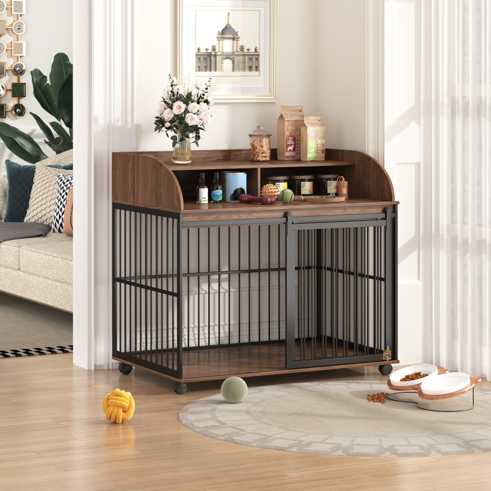 GO 44'' Heavy Duty Large Dog Crate Furniture for Large Medium Dog with Lockable Wheels, Wooden Dog Crate Dog Kennel, End Table Crate with Double layer storage, Gray