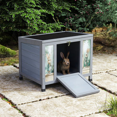 Small Outdoor Wooden Rabbit Hutch with Lockable Door & Weatherproof Roof, Openable Top, Bunny Cage Pet House for Rabbits, Guinea Pigs Cats Chicks , Gray with Colorful Patterns