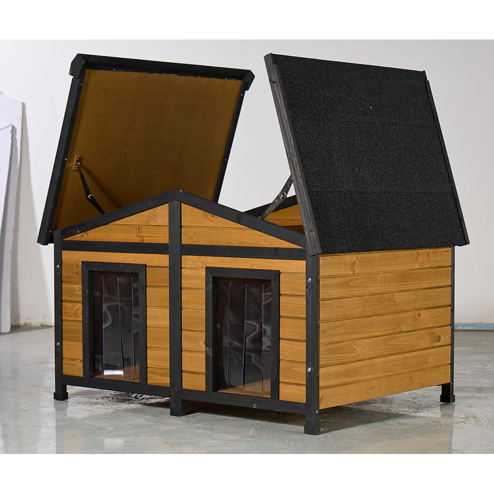 Large Outdoor Wooden Dog House with Dual Doors, Waterproof Asphalt Roof & Lift-Up Top, Fir Wood Dog Shelter for Medium to Large Dogs (Black & Natural Finish)