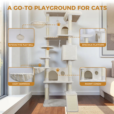 84 in Beige cat tree tower with large condo sisal scratching post big hammock and top platform