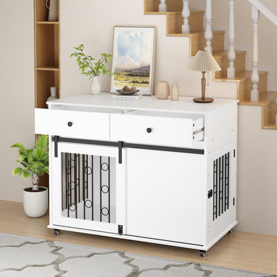 39.37'' Modern Wooden Dog Crate Furniture with Double Drawers and Sliding Barn Door, Decorative Pet Kennel End Table with Lockable Wheels, Stylish Dog Cage for Small to Medium Dogs – White
