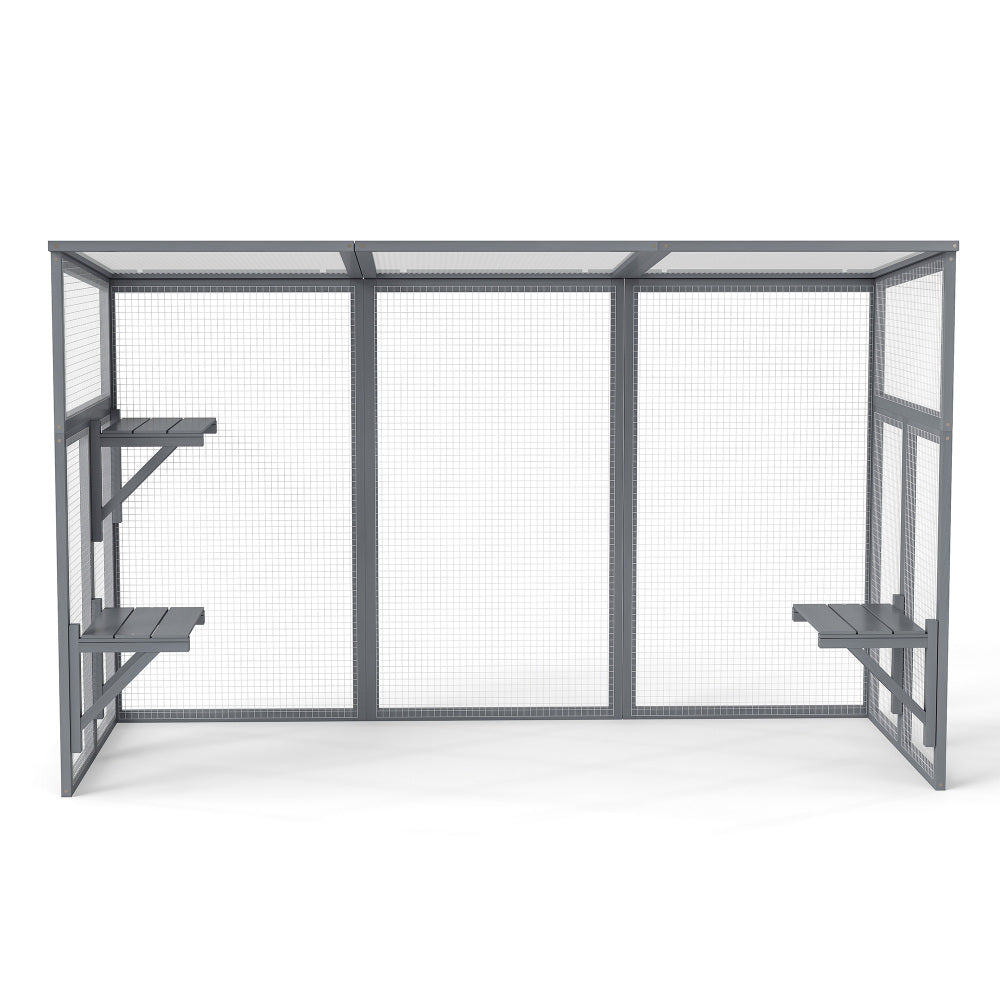 Outdoor Wood Cat Enclosure, Patio Cat Catio House with 3 Platforms, Lockable Door, Sun Sheet Roof, Large Run for Pets, Gray