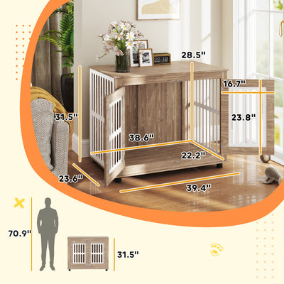 39" Dog Crate Furniture with 2 Doors, Adjustable Non-slip Foot Mats, for All Dogs, Walnut Brown