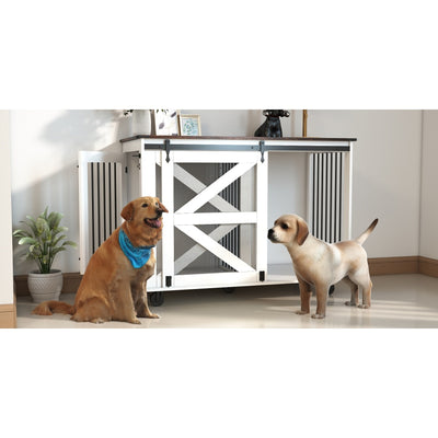 47.2" Mobile Dog Crate with Flip-Top Feeding Door, Dual-Access & 5 Caster System (2 Locking), Side Hooks - Multi-Functional Pet Kennel,double dog crate furniture