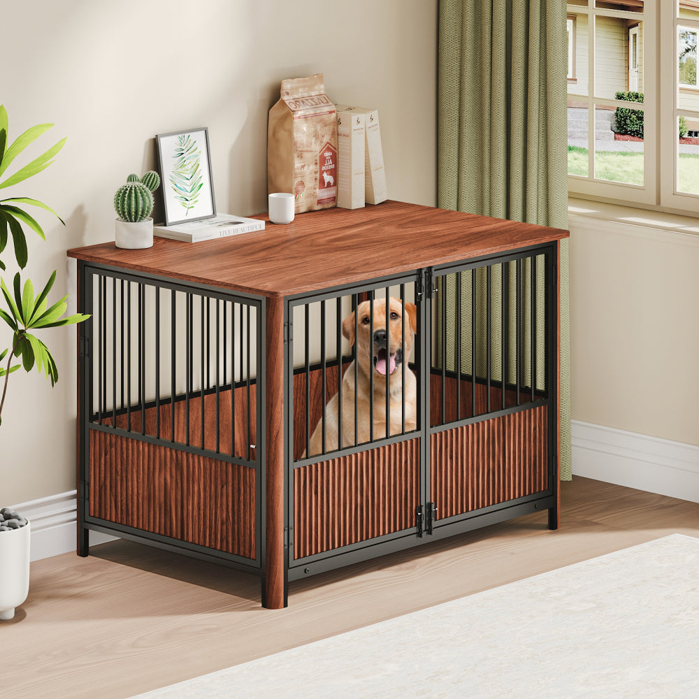 31.5'' Walnut Fluted Wood Furniture Style Dog Crate for small & Medium Dogs - Double Door Design, Decorative Pet House & Indoor Side End Table.