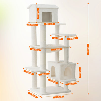 Beige Multi-Level Cat Tree with Unique Cat House, Hammock, Scratching Posts - Plush Cat Tower for Indoor Cats, Ideal for Multiple Cats 64in