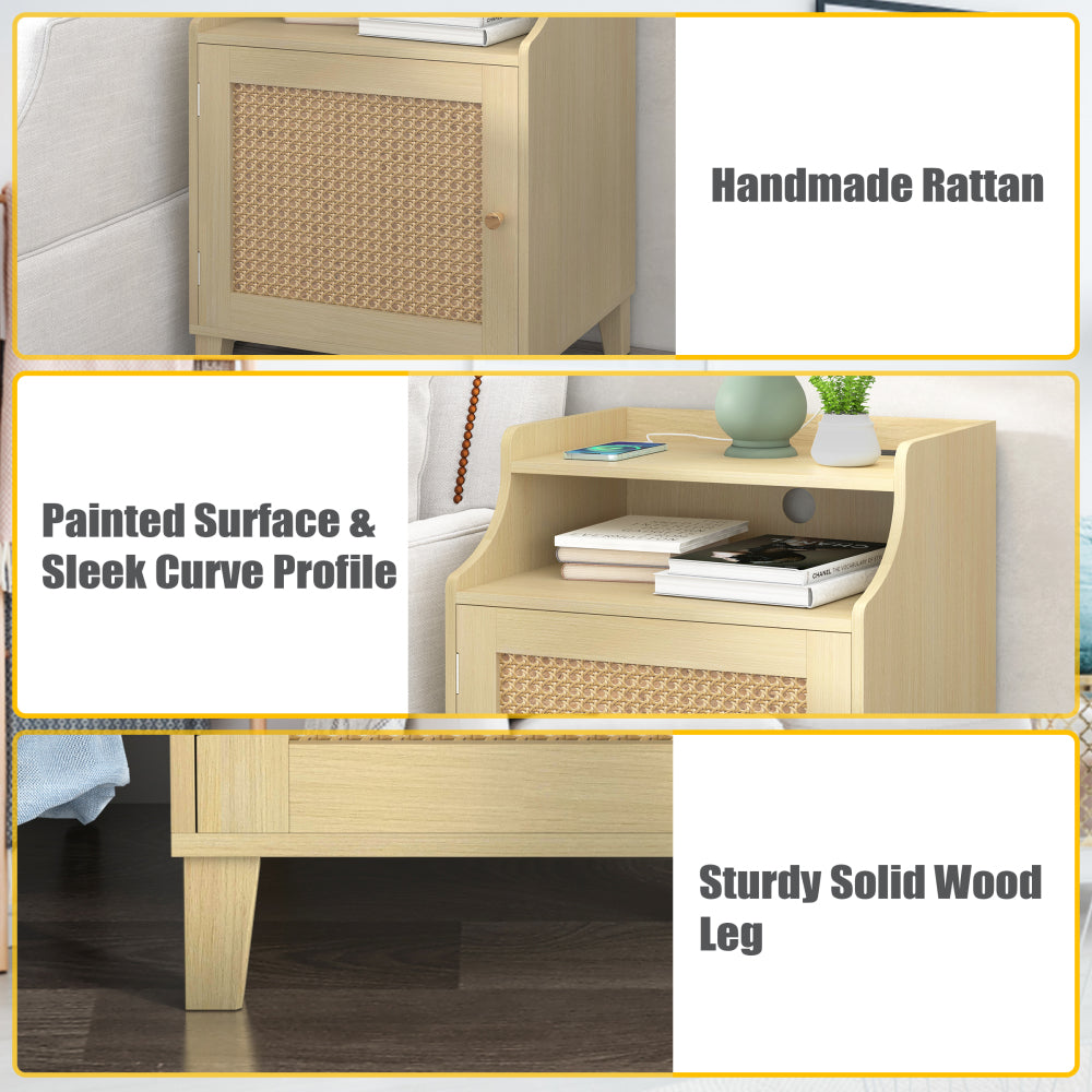 SunJet Farmhouse Nightstand with Charging Station Bedside Table with Rattan Door&Adjustable Shelf, Wood Couch Side Table End Table for Bedroom, Natural Oak