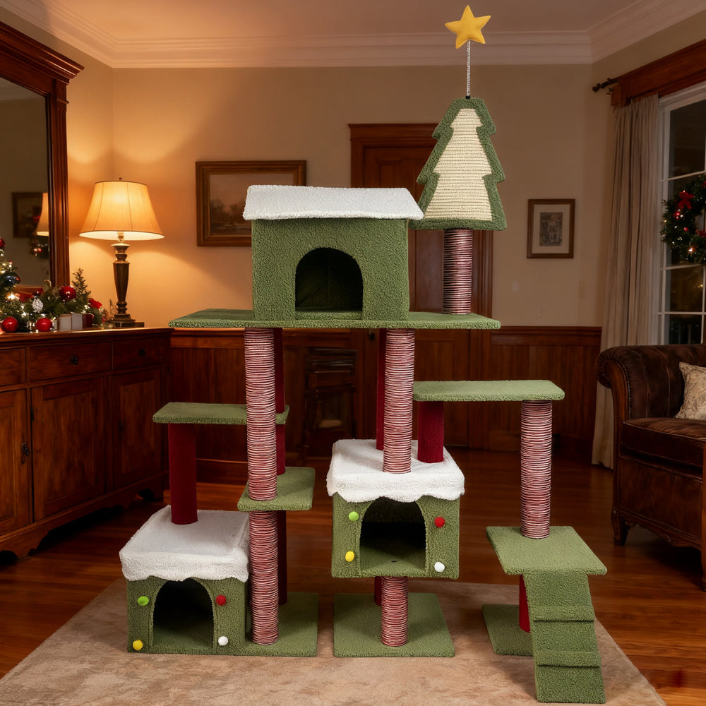 Wide Christmas Cat Tree Tower for Indoor Cats