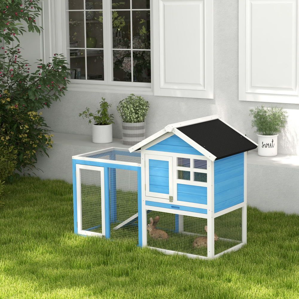 PawHut 48" Wooden Rabbit Hutch Bunny Cage with Waterproof Asphalt Roof, Fun Outdoor Run, Removable Tray and Ramp, Light Blue