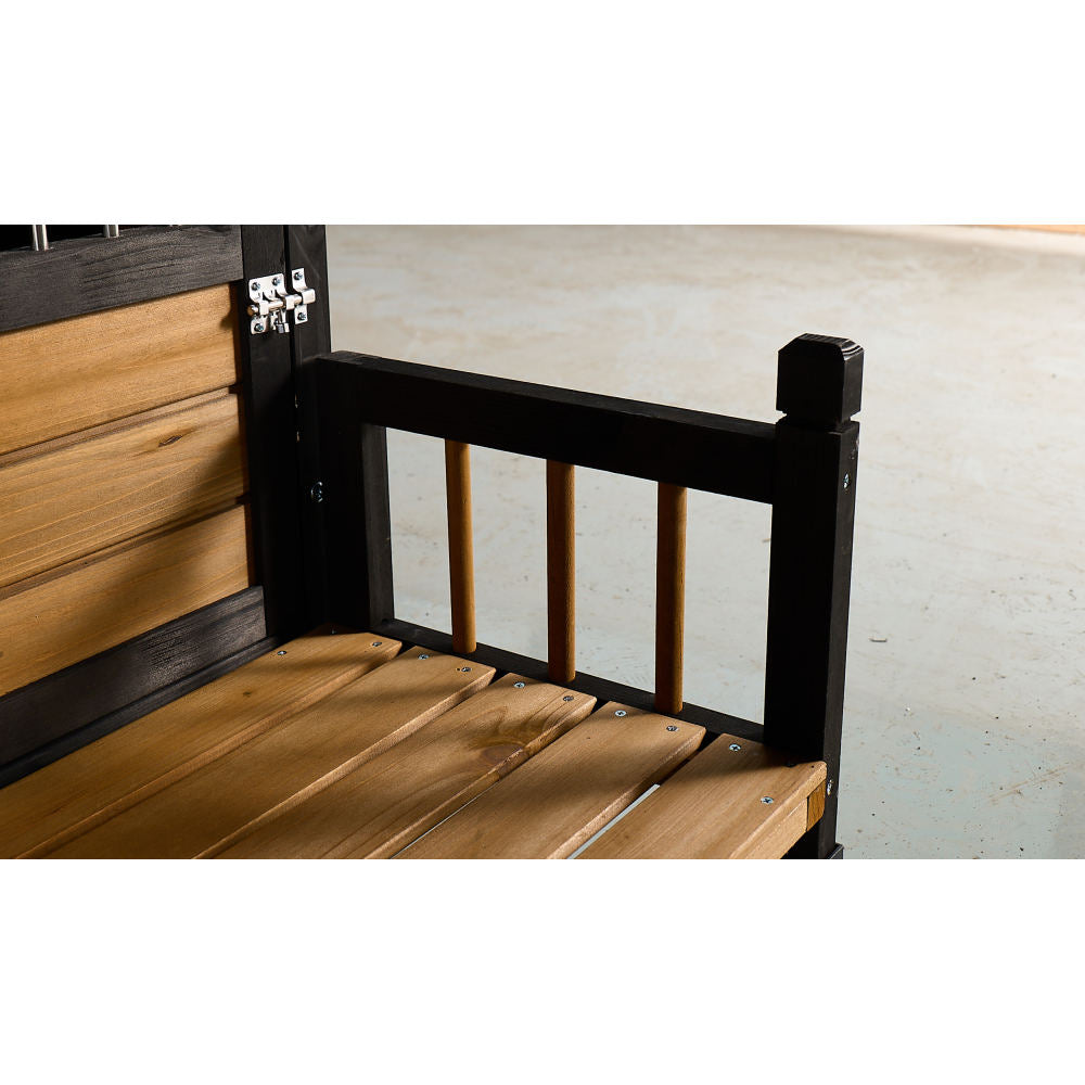 Large Wooden Dog House with Storage Box and Feeding Station, Outdoor Pet Kennel with Asphalt Roof, Porch, and Lockable Door – Weatherproof Fir Wood Dog Home for Small to Medium Dogs