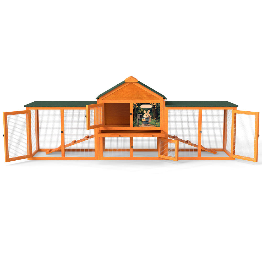 Large Rabbit Hutch with Rest Area, 2 Play Areas, 2 Handles, 2 Ramps, Removable Tray and Waterproof Roof