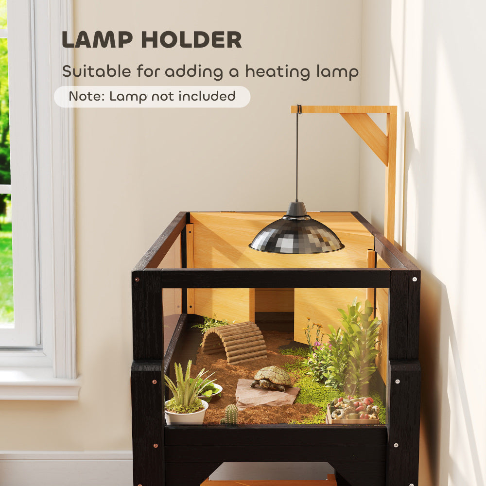 Wooden Tortoise Habitat with Storage Shelf, Tortoise Enclosure with Clear Windows, Openable Top, Lamp Holder, Yellow
