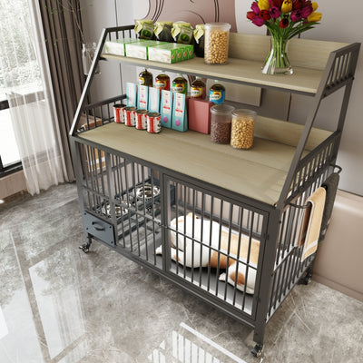 Large pet cage with storage rack, drawers with stainless steel food and water basins, double-layer storage rack made of iron frame and MDF material, sturdy, exquisite, and practical (black+beige)