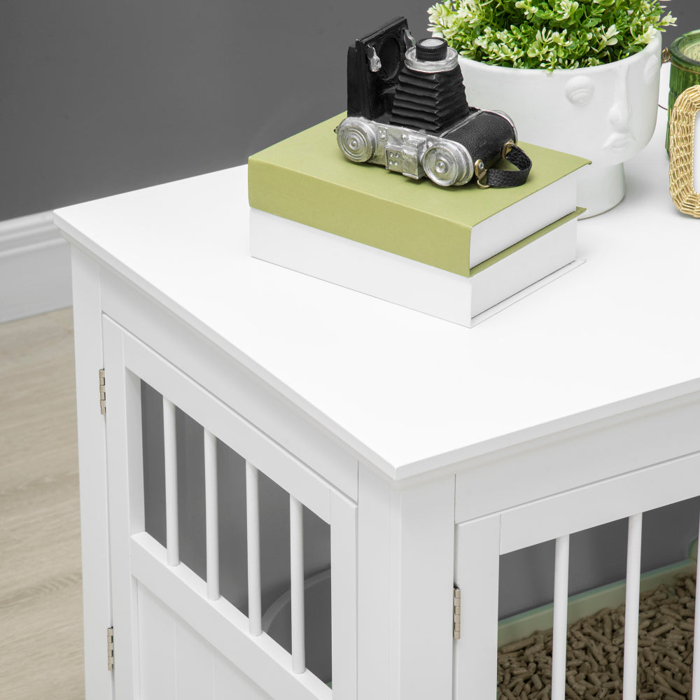 PawHut Dog Crate End Table with Triple Doors, Wooden Dog Crate Furniture Indoor Use, Puppy Crate with and Steel Tubes, for Small Dogs, White