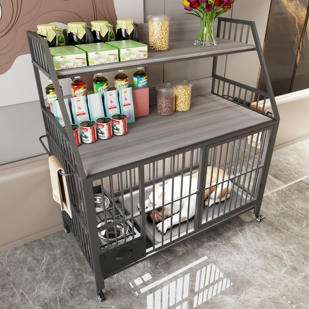 Large pet cage with storage rack, drawers with stainless steel food and water basins, double-layer storage rack made of iron frame and MDF material, sturdy, exquisite, and practical (black+smoke gray)