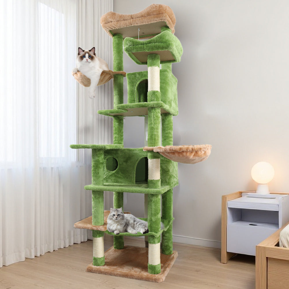 68in Tall Multi-Level Green Cat Tree with Hammocks, Hanging Basket, Cat Cave, Removeable Cushion, Scratching Posts - Plush Cat Tower for Indoor Cats, Perfect for Multiple Cats Pink