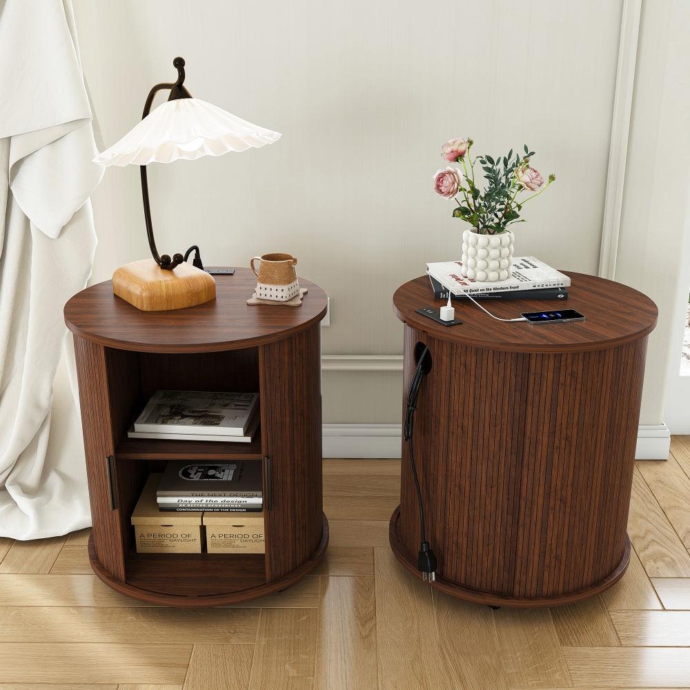 SunJet Mid Century Modern Cylinder End Table with Built-in Charging Station & Sliding Door, 2-Tier Storage Round Nightstand with USB Ports, Walnut Bedside Table for Living Room, Bedroom, Entryway