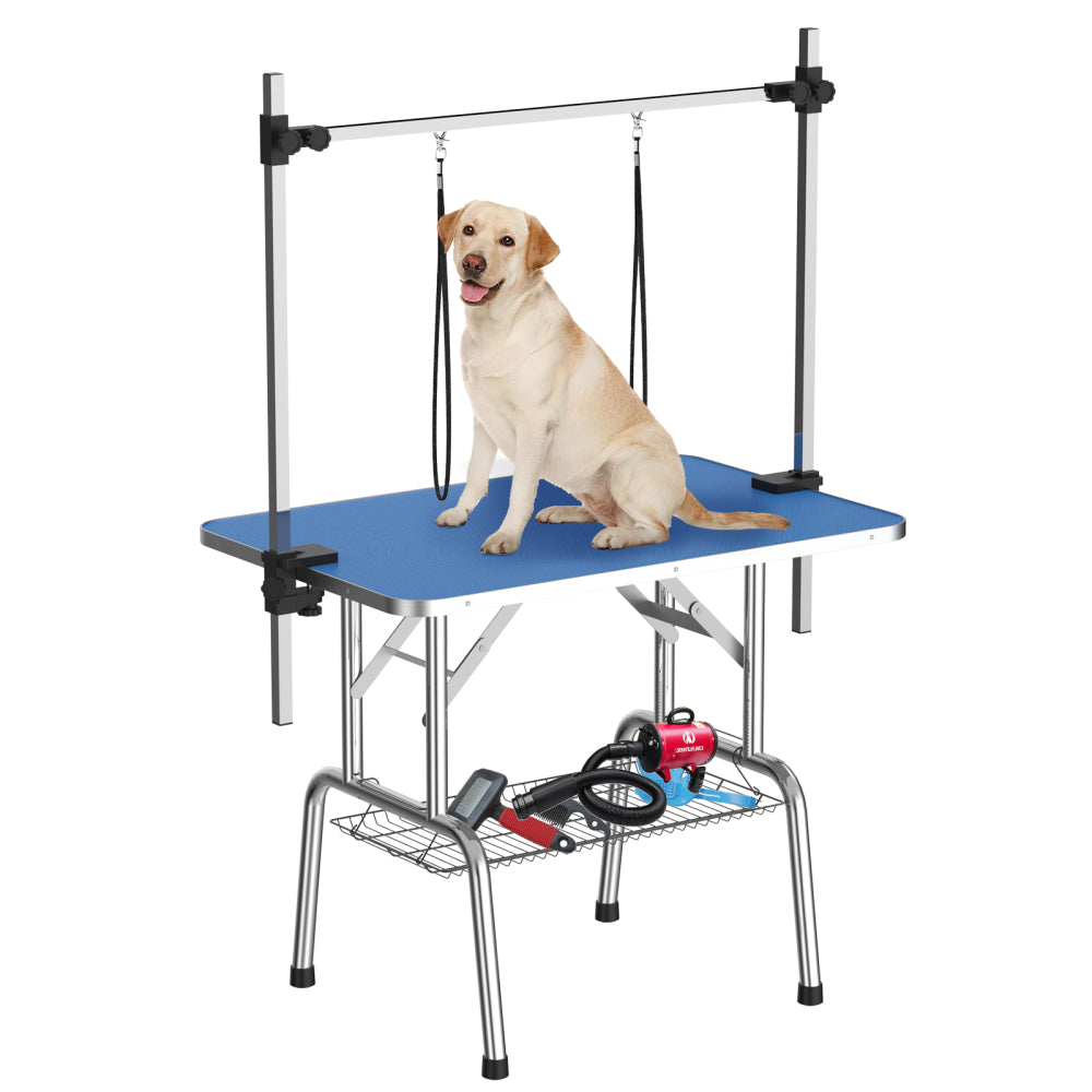 46 Inch Foldable Dog Grooming Table for Home with Adjustable Arm, Noose, Non-Slip Surface, and Storage Mesh Tray