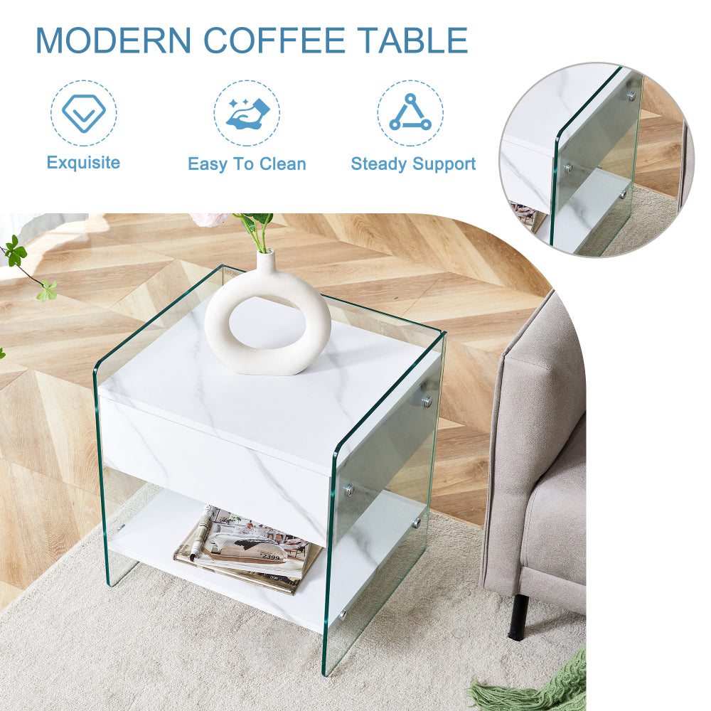 SunJet Bedside table with drawers. The board surface is MDF sticker, and both sides are transparent tempered glass. The design is simple and elegant, with excellent storage functions.