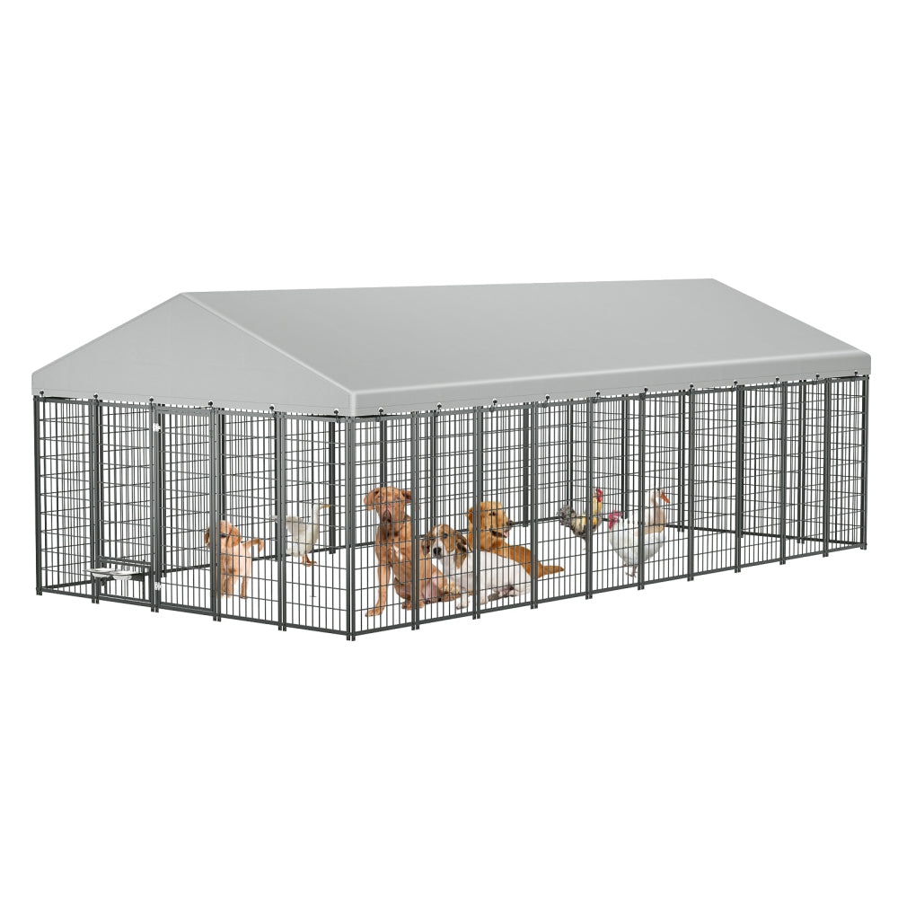 Large Dog Kennel Outdoor Pet Pens Dogs Run Enclosure Animal Hutch Metal Coop Fence with Roof Cover. 7.94'L x 4.13'W x 5.95'H.