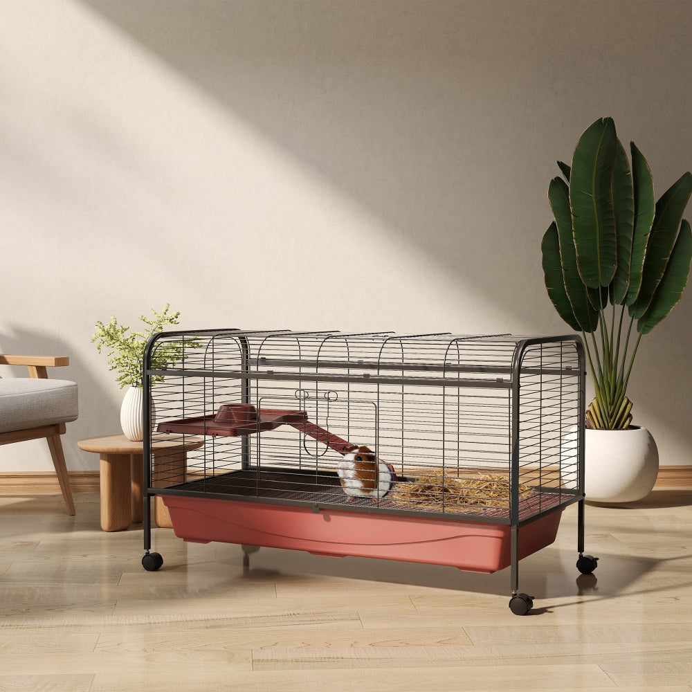 PawHut 48" L Small Animal Cage, Rabbit Hutch, or Ferret Pet Play House with Feeder, Rolling Wheels, Platform, Ramp
