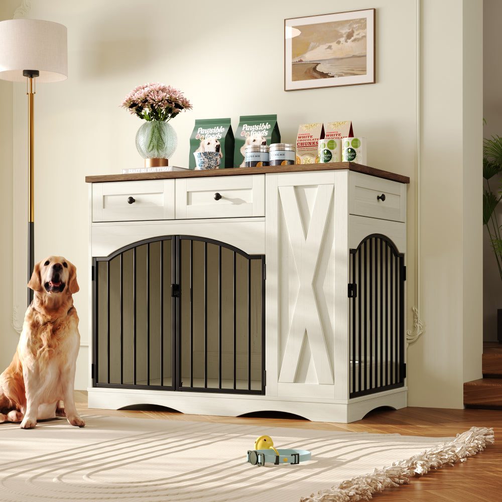 GO 43.3" Farmhouse Dog Crate Furniture, Heavy Duty Dog Crate with 3 Drawers, Indoor Wooden Dog Kennel with Removable Feeder, Dog Cage End Table for Medium Large Dogs, White
