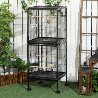 PawHut Large Bird Cage with 1.7 ft. Width for Wingspan, Bird Aviary Indoor with Multi-Door Design, Fit for a Canary, Finch, Conure, 55", Black
