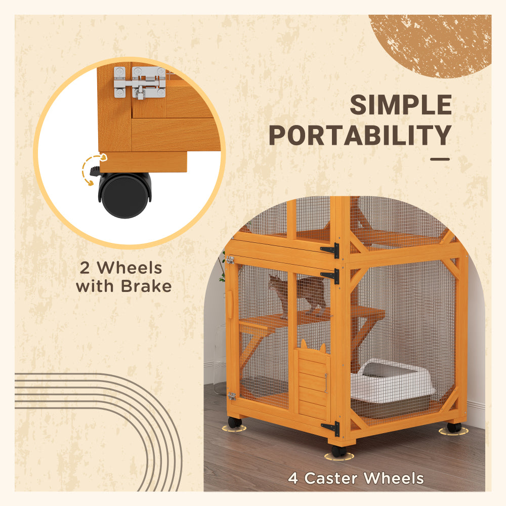 PawHut Large Cat House with High-Up Resting Box, 71" Wooden Catio with Asphalt Roof, Indoor & Outdoor Cat Enclosure on Wheels, for 1-3 Cats, Orange