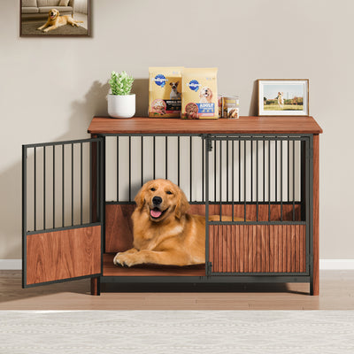 43'' Walnut Fluted Wood Furniture Style Dog Crate for Large & Medium Dogs - Double Door Design, Decorative Pet House & Indoor Side End Table.