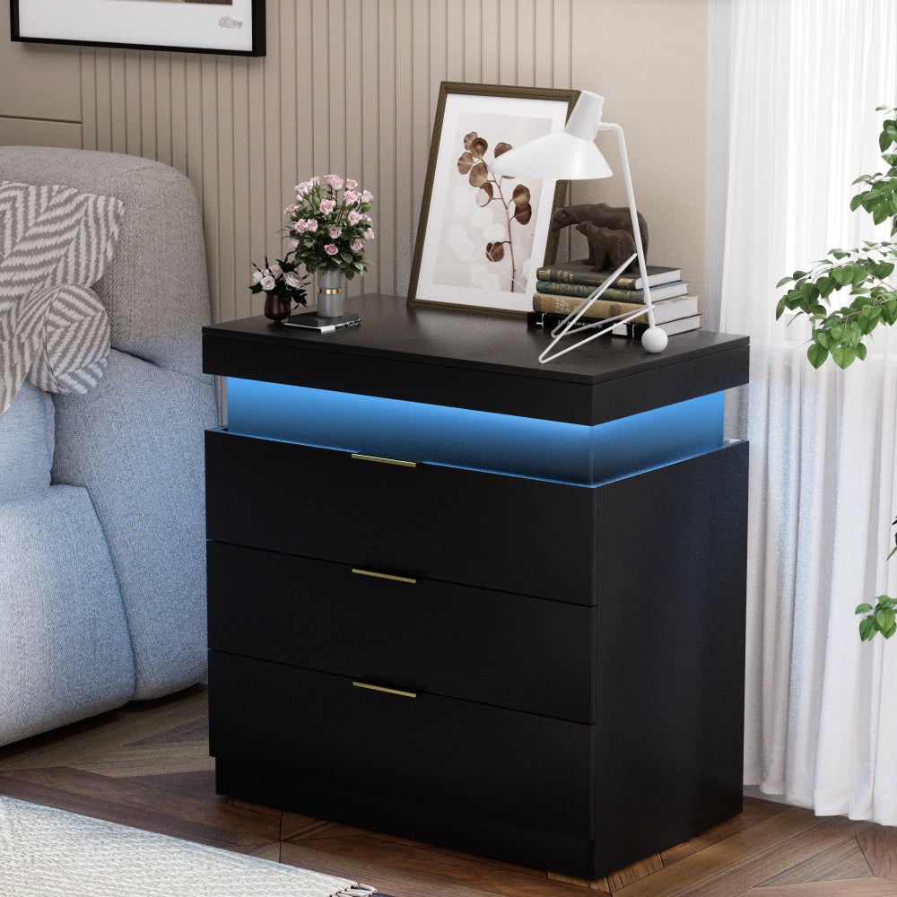 SunJet Nightstand with Charging Station and LED Lights,Night Stand with Sliding Top for Bedroom,Bedside Table with Drawers,Modern End Side Table,White.28.8''W x 17''D x 30.5''H.