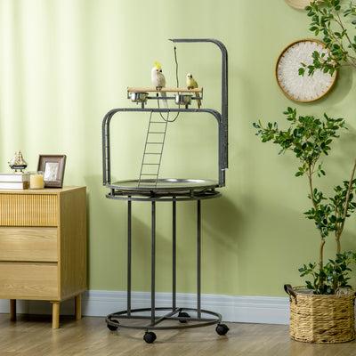 PawHut Parrot Stand Large Bird Perch Stand with Toy Hook & 3 Ladders, Parrot Perch with Easy Grip, Bird Wooden Stand, Gray