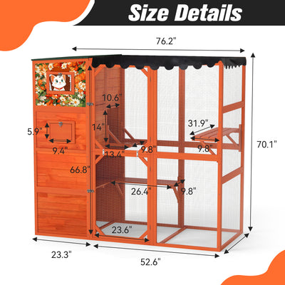 70" H Large Outdoor Cat Enclosure, 4-Tier Window Design Outdoor Cat Catio with Weatherproof Roof, 2 Resting Rooms, 2 Platforms, Orange with Colorful Patterns
