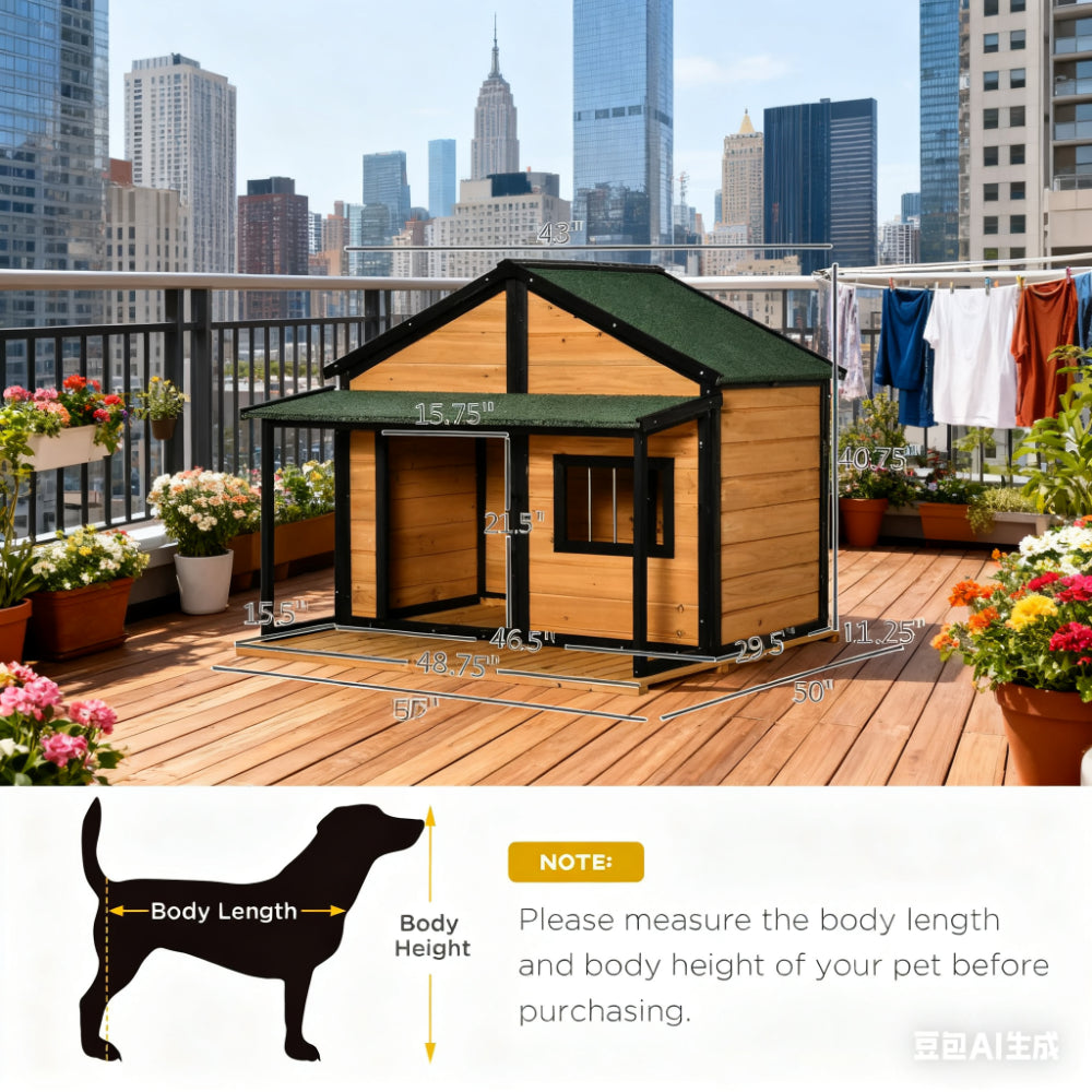 Dog Kennel House Outdoor Dog House Wooden Raised Pet Kennel with Asphalt Roof, Front Door, Side Window, Porch
