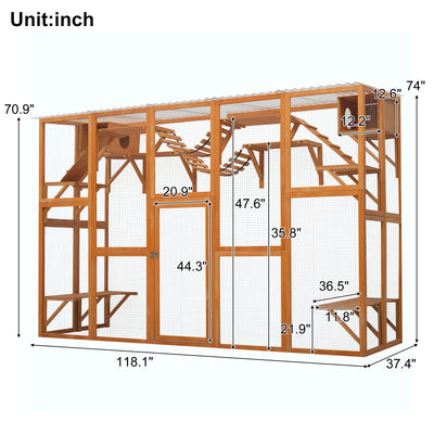 Weatherproof Catio Outdoor Cat Enclosure, Outdoor Cat house, Natural Wood Playground, Natural Cat Shelf with Litter Box
