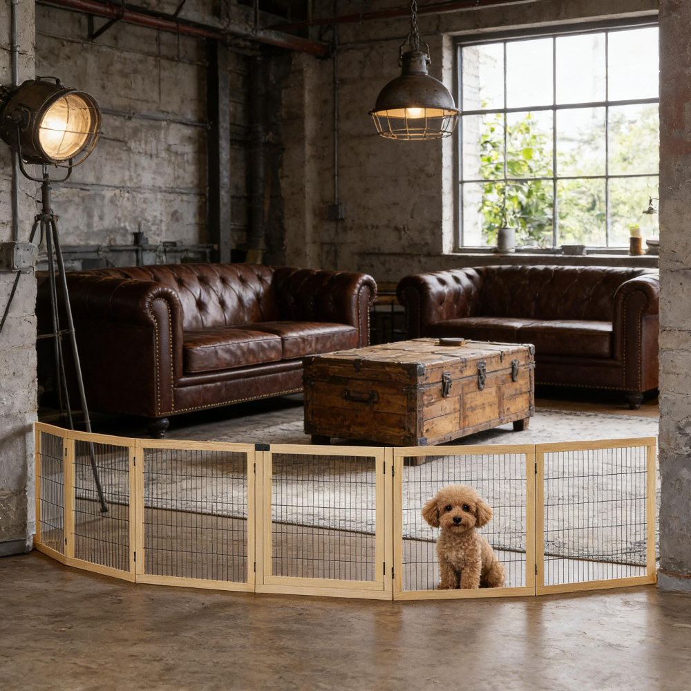6-Panel Folding Dog,Wooden Pet Gate