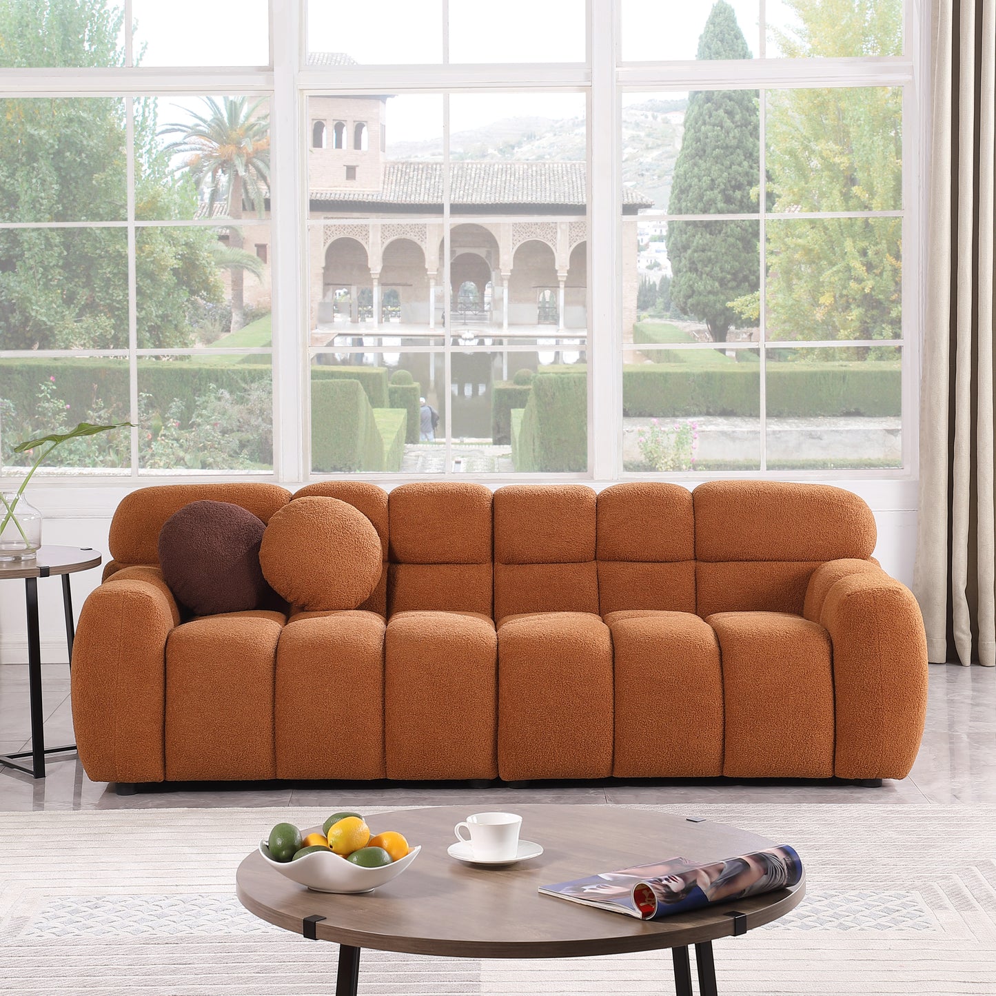 87.4 length ,35.83' deepth ,human body structure for USA people, marshmallow sofa,boucle sofa ,3 seater, LIGHT BROWN BOUCLE