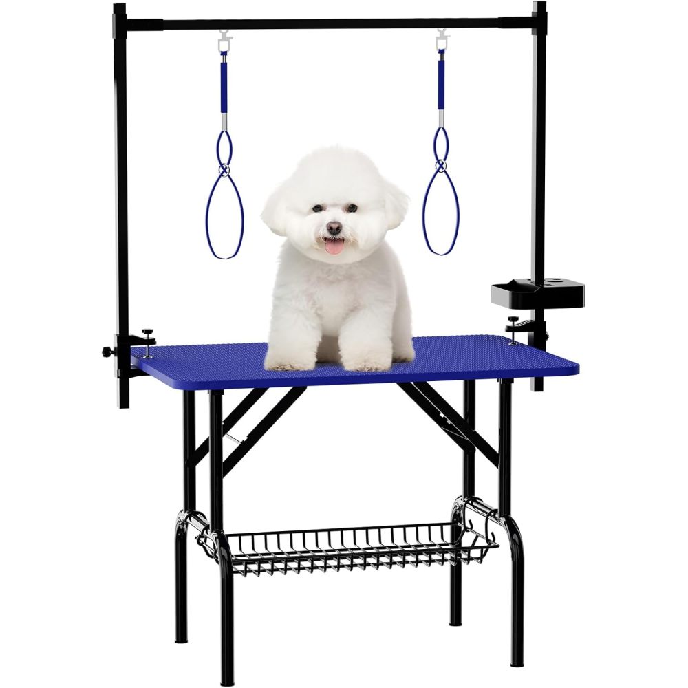 36''Large Dog Grooming Table, Foldable Pet Station at Home, Dog Grooming Table,Adjustable Cat Drying Desktop with Arms, Nooses, Mesh Tray (36Inch Pet Grooming Table Black)