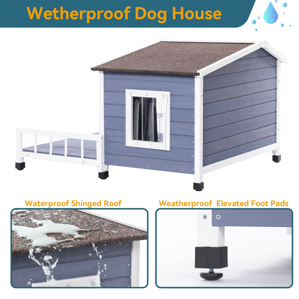 Large Wooden Dog House Indoor Outdoor with Terrace and Open Waterproof Asphalt Roof, Outdoor Dog House with Raised Floor, Windows and Door Curtains, Suitable for Small and Medium Dogs