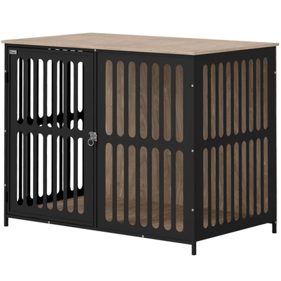 Indoor Pet Kennel Side Table with Rotatable Bowls, 2 Anti-Escape Doors,Walnut Brown