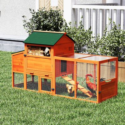 Portable Mobile Chicken Coop with Nesting Box, Sleeping Room, Run, Window, Sun Board, Doors, Pull-Out Tray, Wheels, Outdoor Backyard Pen for Small Animals, Orange with Colorful Patterns
