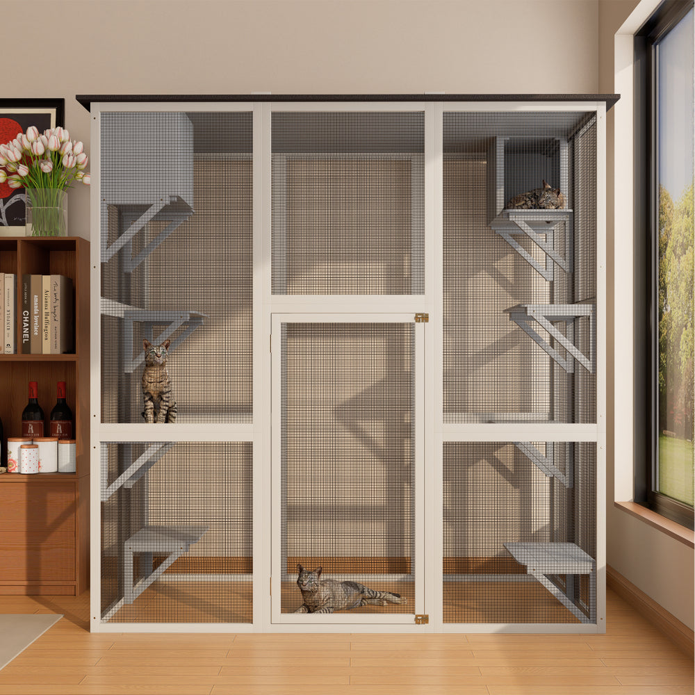 Gray Wooden Outdoor Catio Cat Enclosure with Weatherproof Asphalt Roof, Large Walk-in Cat House with 6 Platforms & 2 Napping Boxes, Solid Wood Cat Cage Kennel Condo Playpen for Patio