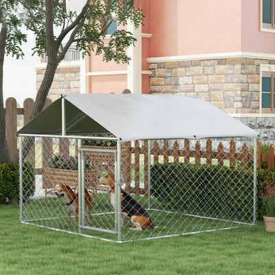 PawHut Large Dog Kennel Outside, Heavy Duty Dog Cage with Waterproof Cover, Outdoor Fence Dog Run with Galvanized Chain Link, Secure Lock, 6.6' x 6.6' x 4.9'