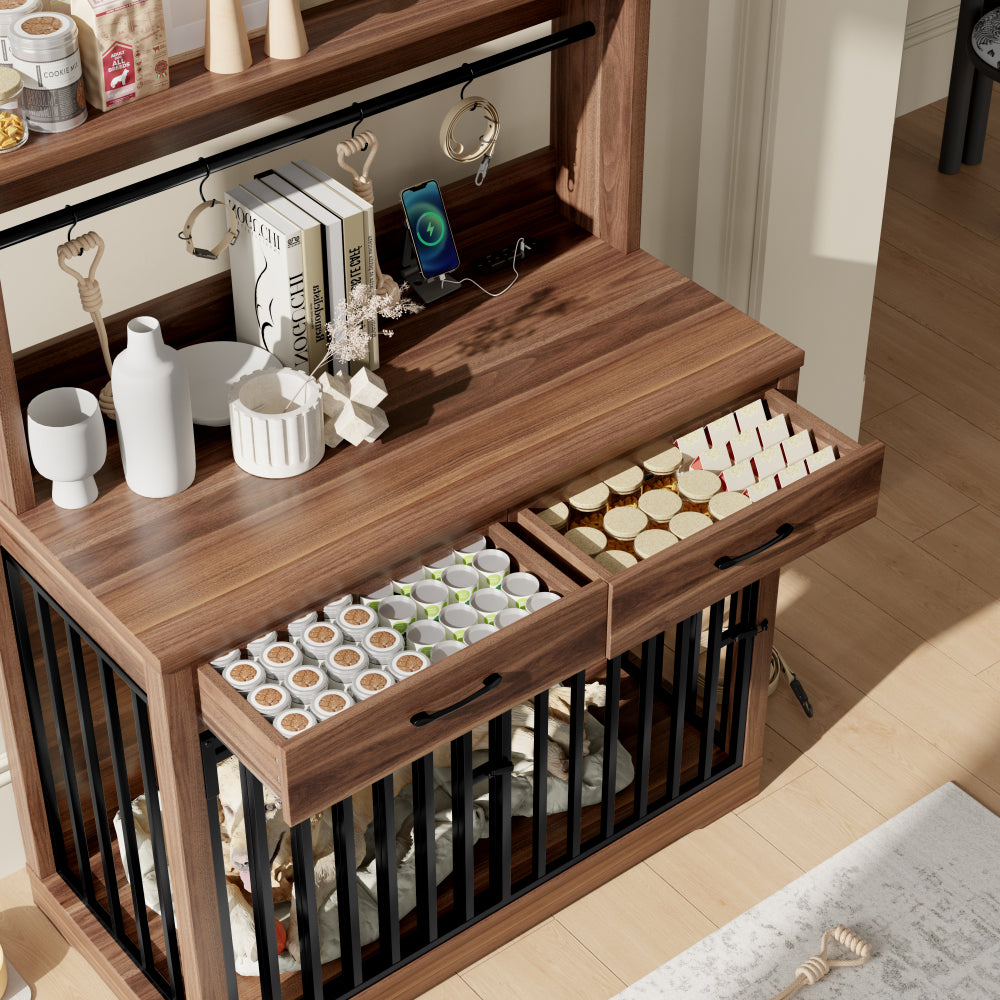 38" Dog Crate Furniture, Heavy Duty Dog Cage Table with 2 Storage Drawers and Shelves, Side End Table with Sliding Door for Dogs Indoor, Brown