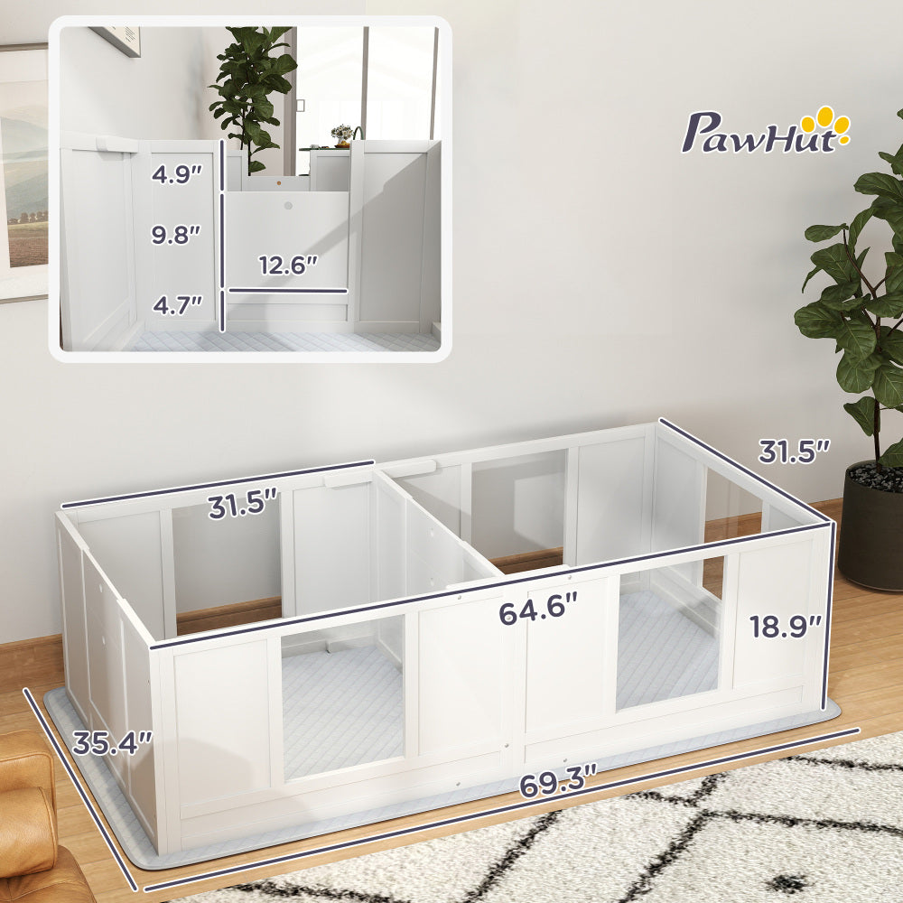 PawHut Whelping Box for Dogs with Waterproof Whelping Pad, Dog Whelping Pen with Clear Panels, Adjustable Entrance, Double Room, Non-slip Foot Pads, for Small Dogs, 65" L x 31.5" W x 19" H