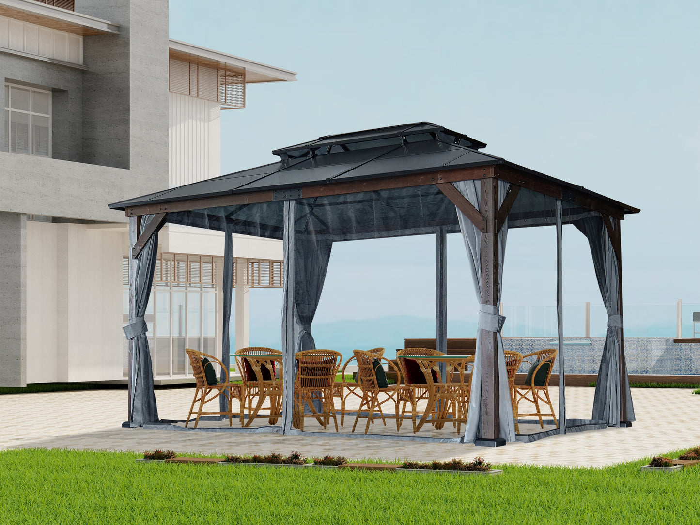 10' x 13' Hardtop Wood Gazebo for Patios, Outdoor Framed Gazebo with Polycarbonate Double Roof Canopy, Solid Wooden Framed Gazebo with Privacy Curtains and Mosquito Nettings for Garden, Backyard