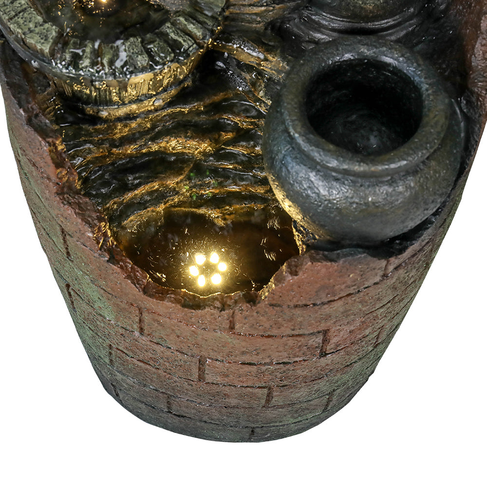 32.6''H 3-Tier Retro Barrel Outdoor Fountain with LED Lights