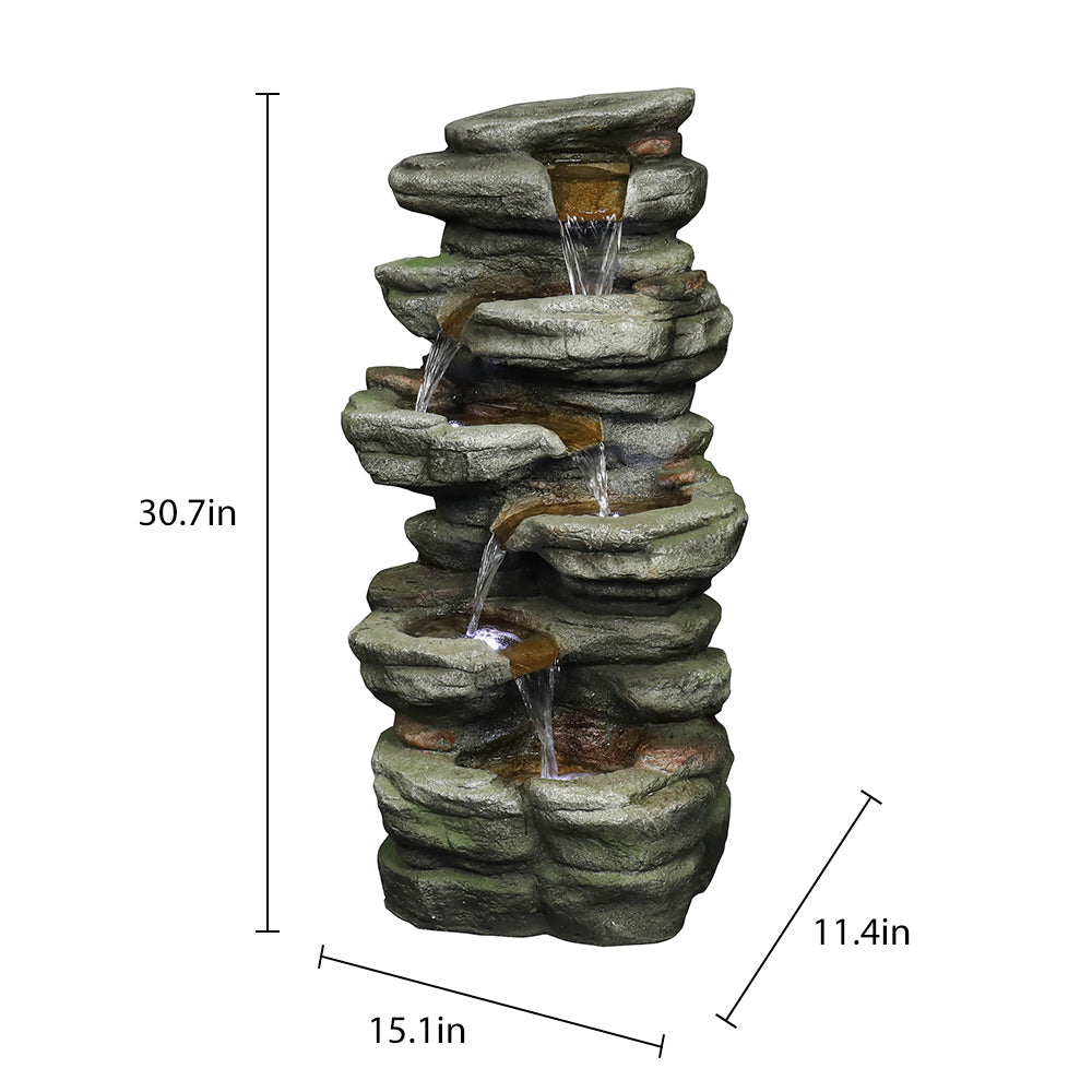 30,7"H - Mehrstufiger Steingarten-Springbrunnen für den Außenbereich mit weißen LED-Leuchten