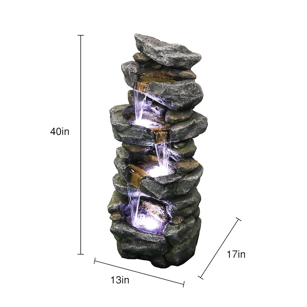 4-Tiered Rock Outdoor Fountain with White LED Lights